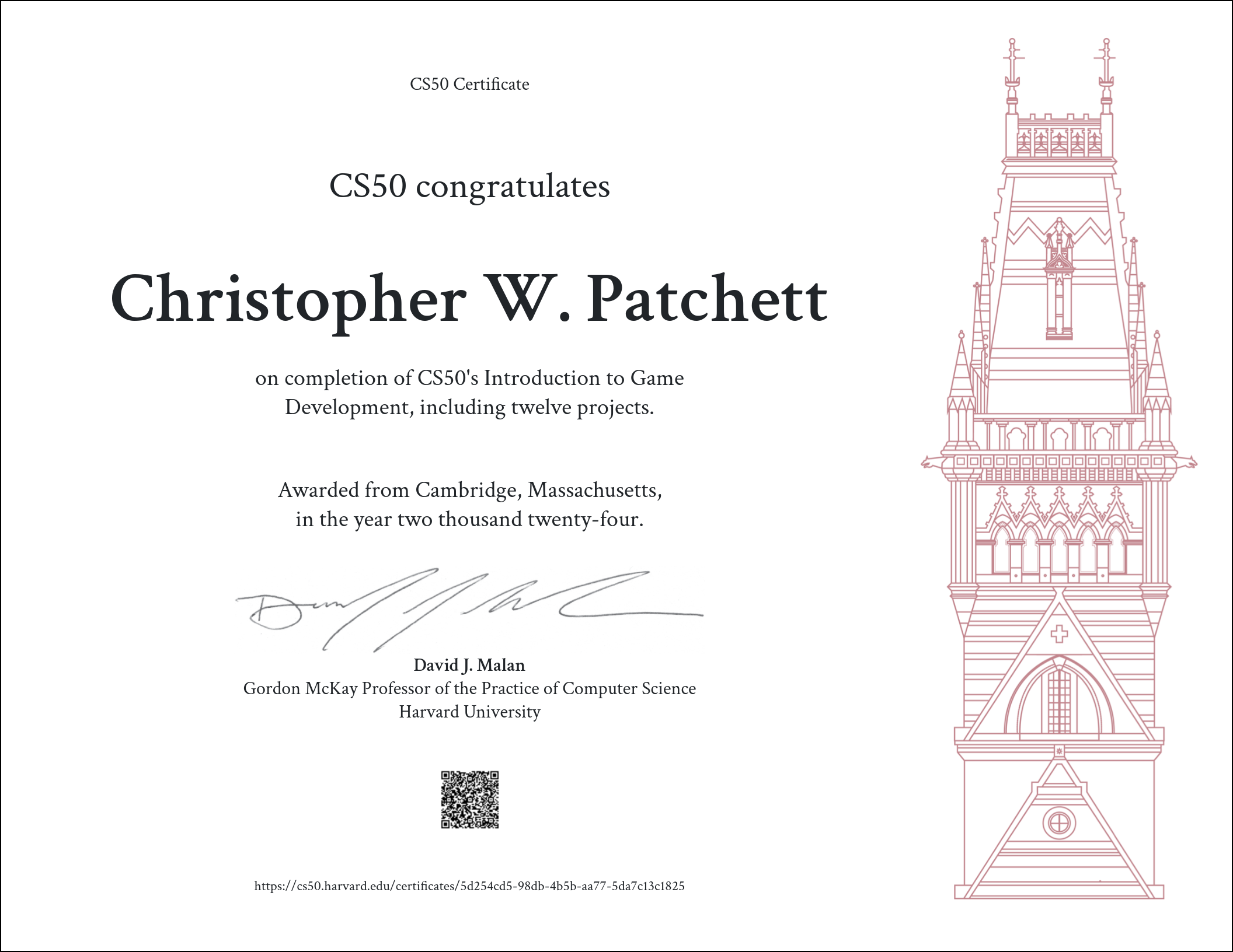 Harvard University CS50G- Intro to Game Development certificate