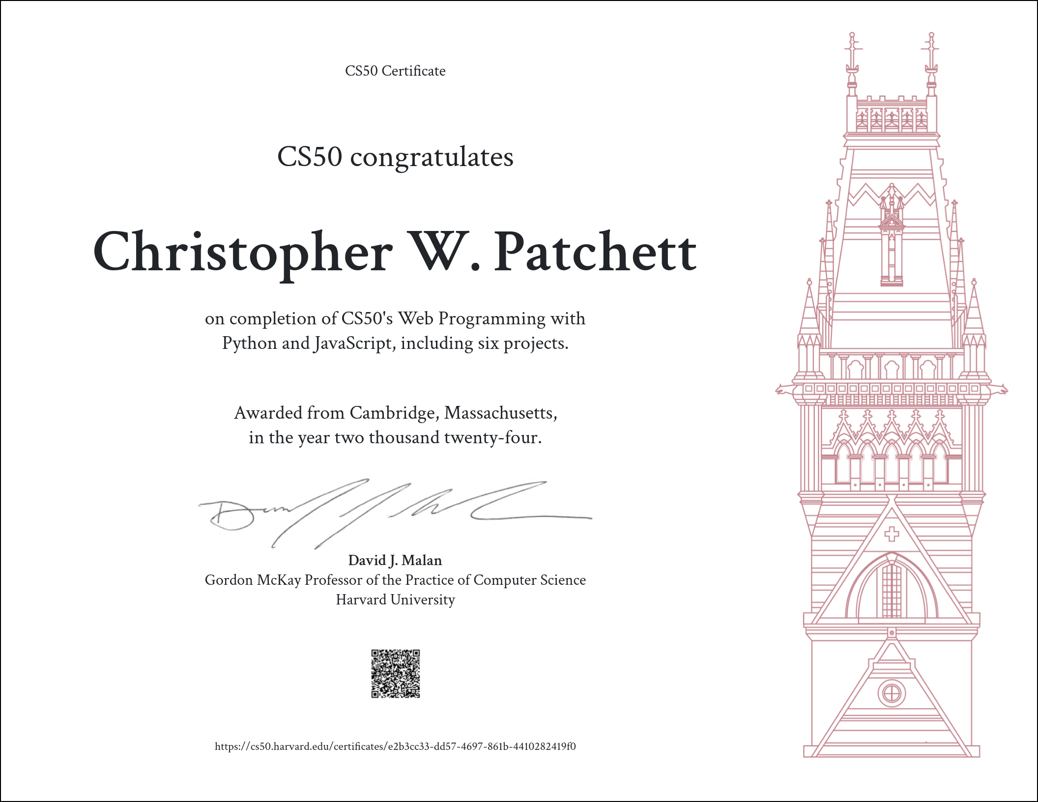 Harvard University CS50W- Web Programming withPython and Javascript certificate