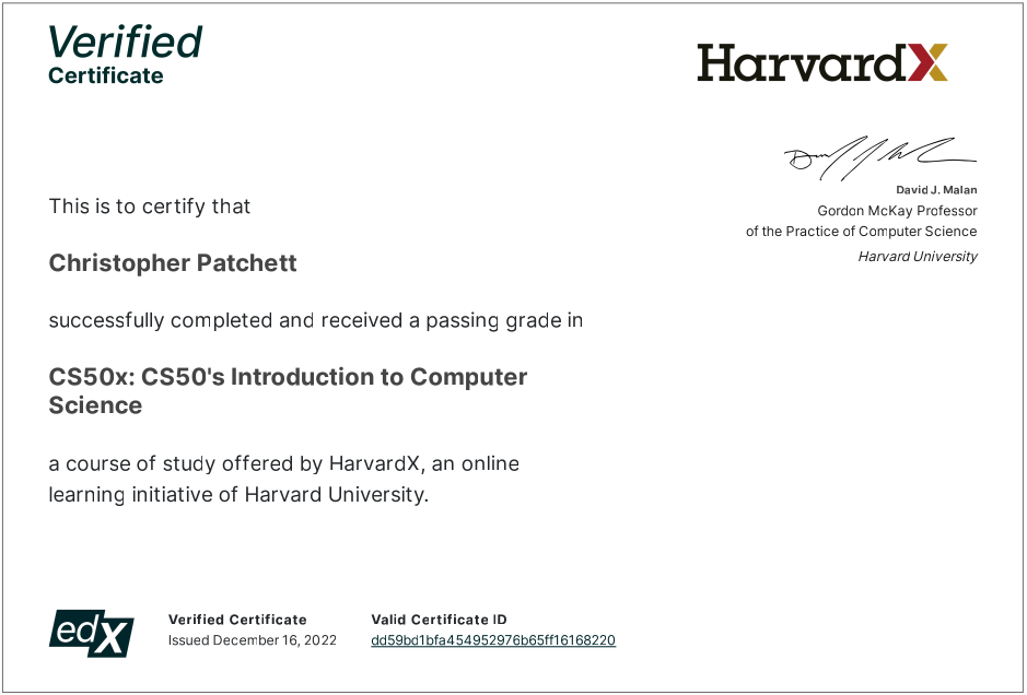 Harvard University CS50x Intro to Computer Science verified certificate